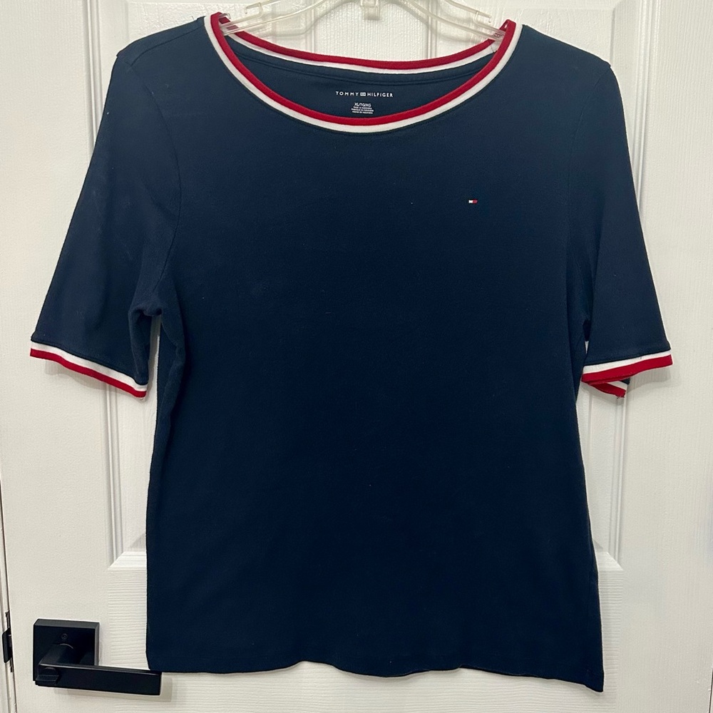Tommy Hilfiger Shirt Womens  Blue Short Sleeve Flag Scoop Boat SZ XL 100% Cotton